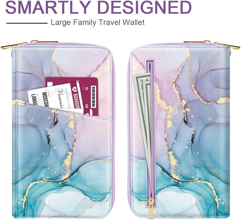 Simikol Family Passport Holder Wallet RFID Blocking Document Organizer PU Leather Mulit-purpose Travel Wallet Credit Cards Case for Women Men, Gradient Marble - Image 3